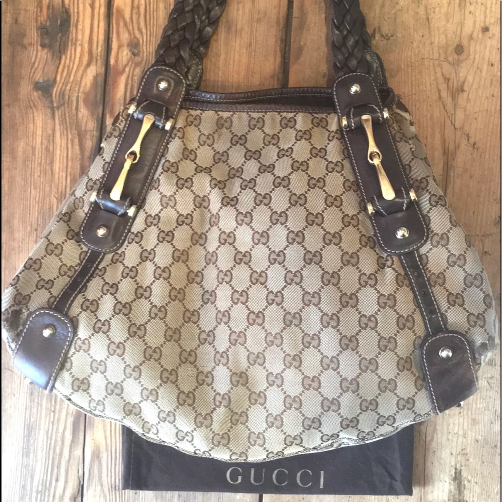 Gucci GG Canvas Braided Handle Tote Bag with Wear Large Used